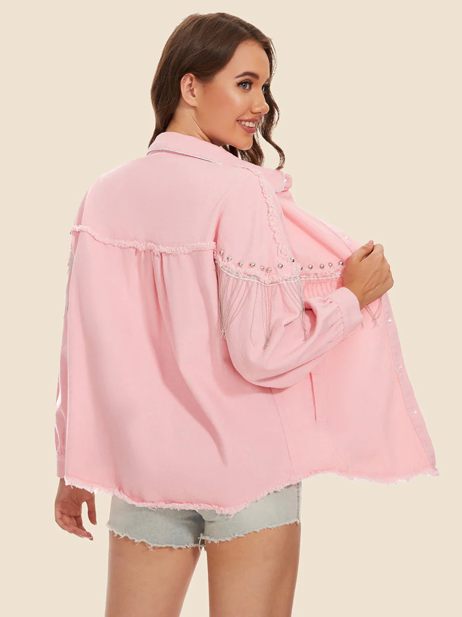 Raw Hem Fringe Detail Denim Jacket - Image 2