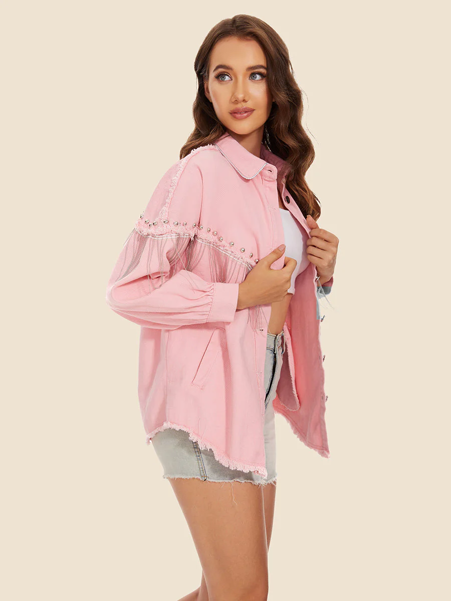 Raw Hem Fringe Detail Denim Jacket - Image 3