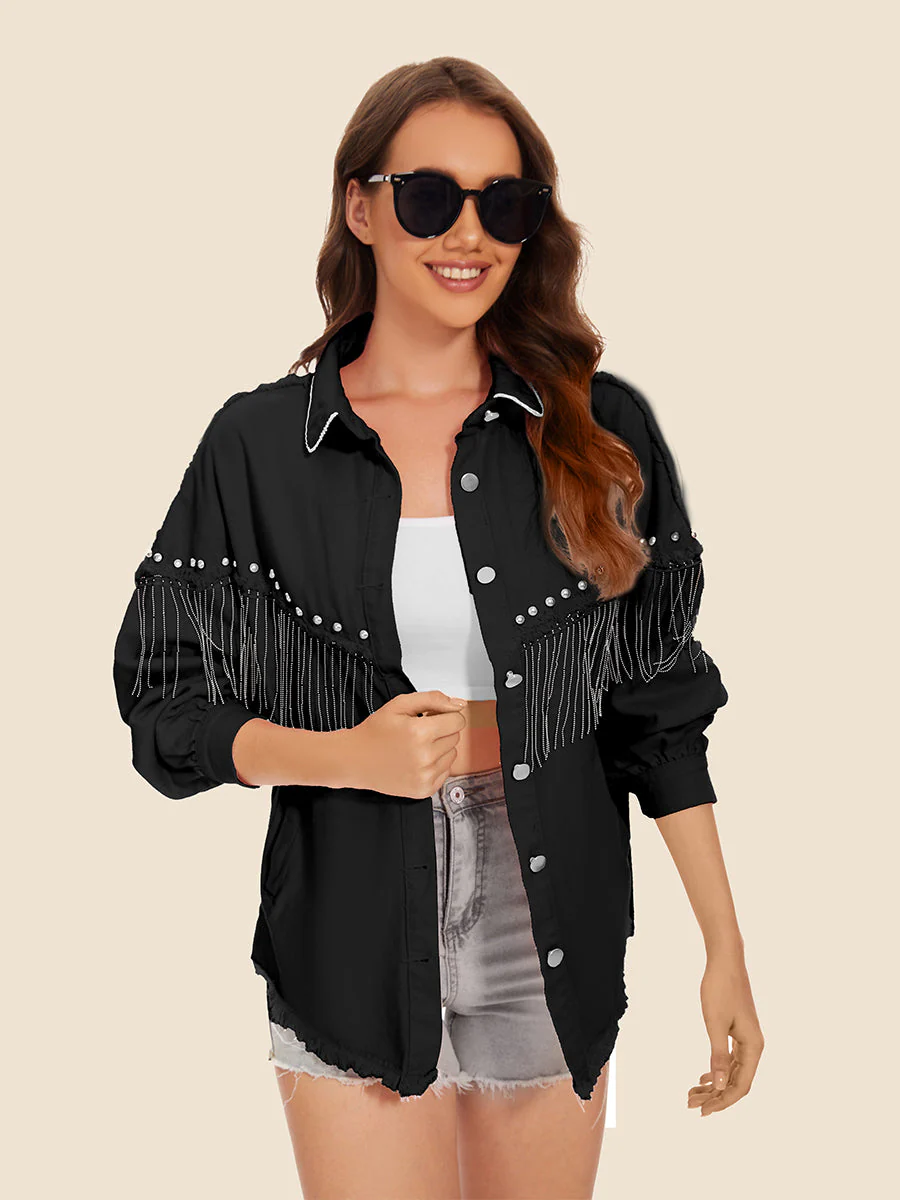 Raw Hem Fringe Detail Denim Jacket - Image 4