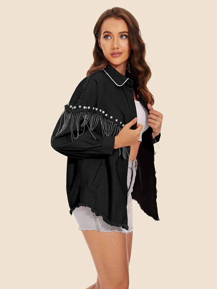 Raw Hem Fringe Detail Denim Jacket - Image 5