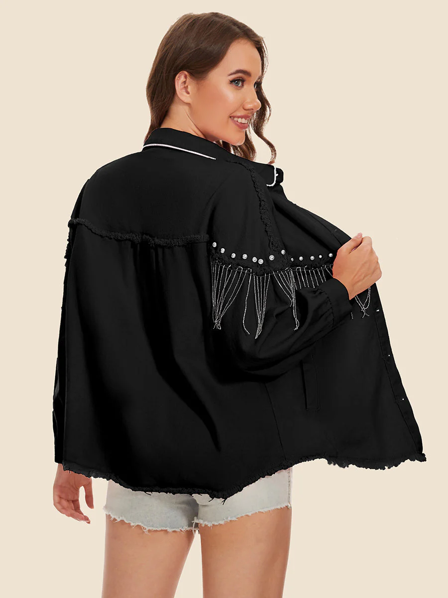 Raw Hem Fringe Detail Denim Jacket - Image 6
