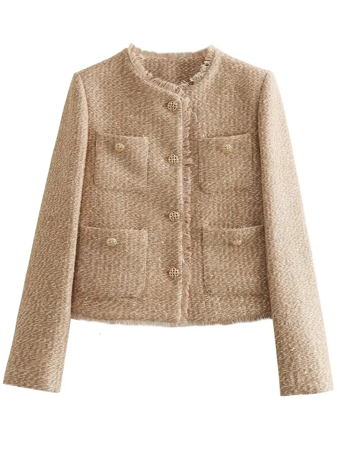Raw Hem Pocketed Round Neck Jacket - Image 3
