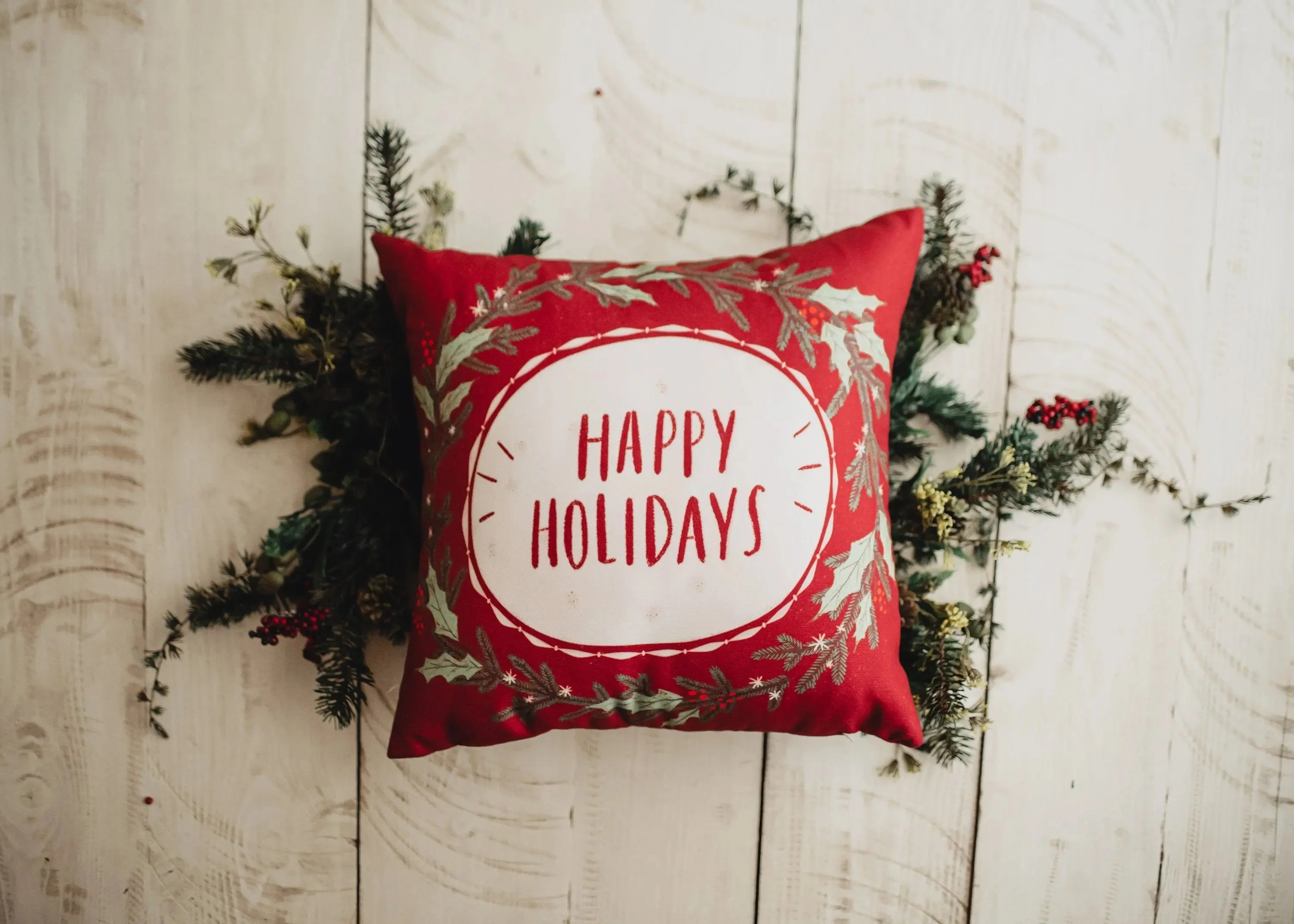 Red Happy Holiday Wreath Throw Pillow Cover | Rustic Christmas Decor | Christmas Gift | Home Decor Christmas | Decorative Pillows for Couch by UniikPillows - Image 3