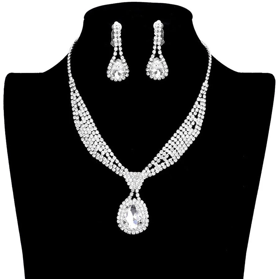 Rhinestone Pave Teardrop Collar Necklace & Clip Earring Set by Madeline Love - Image 2