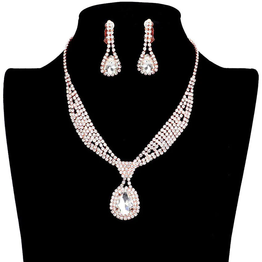 Rhinestone Pave Teardrop Collar Necklace & Clip Earring Set by Madeline Love - Image 3