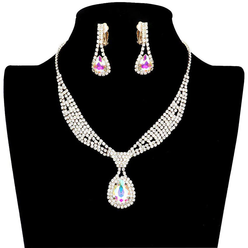 Rhinestone Pave Teardrop Collar Necklace & Clip Earring Set by Madeline Love - Image 6