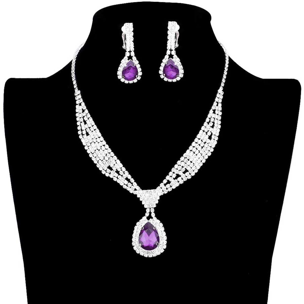 Rhinestone Pave Teardrop Collar Necklace & Clip Earring Set by Madeline Love - Image 7