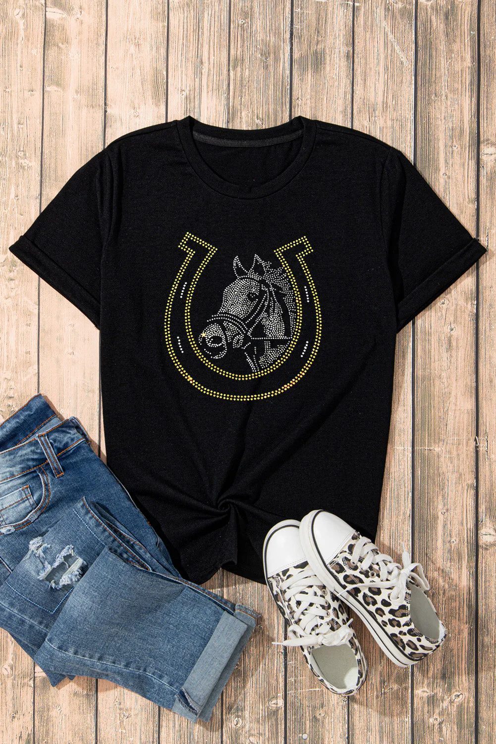 Rhinestone Round Neck Short Sleeve T-Shirt - Image 3