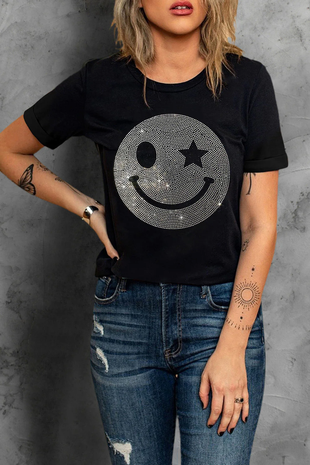 Rhinestone Smiley Round Neck Short Sleeve T-Shirt - Image 2