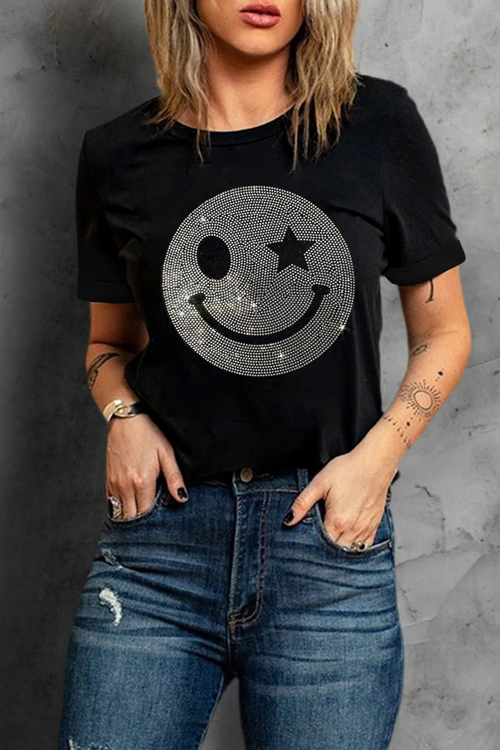 Rhinestone Smiley Round Neck Short Sleeve T-Shirt - Image 3