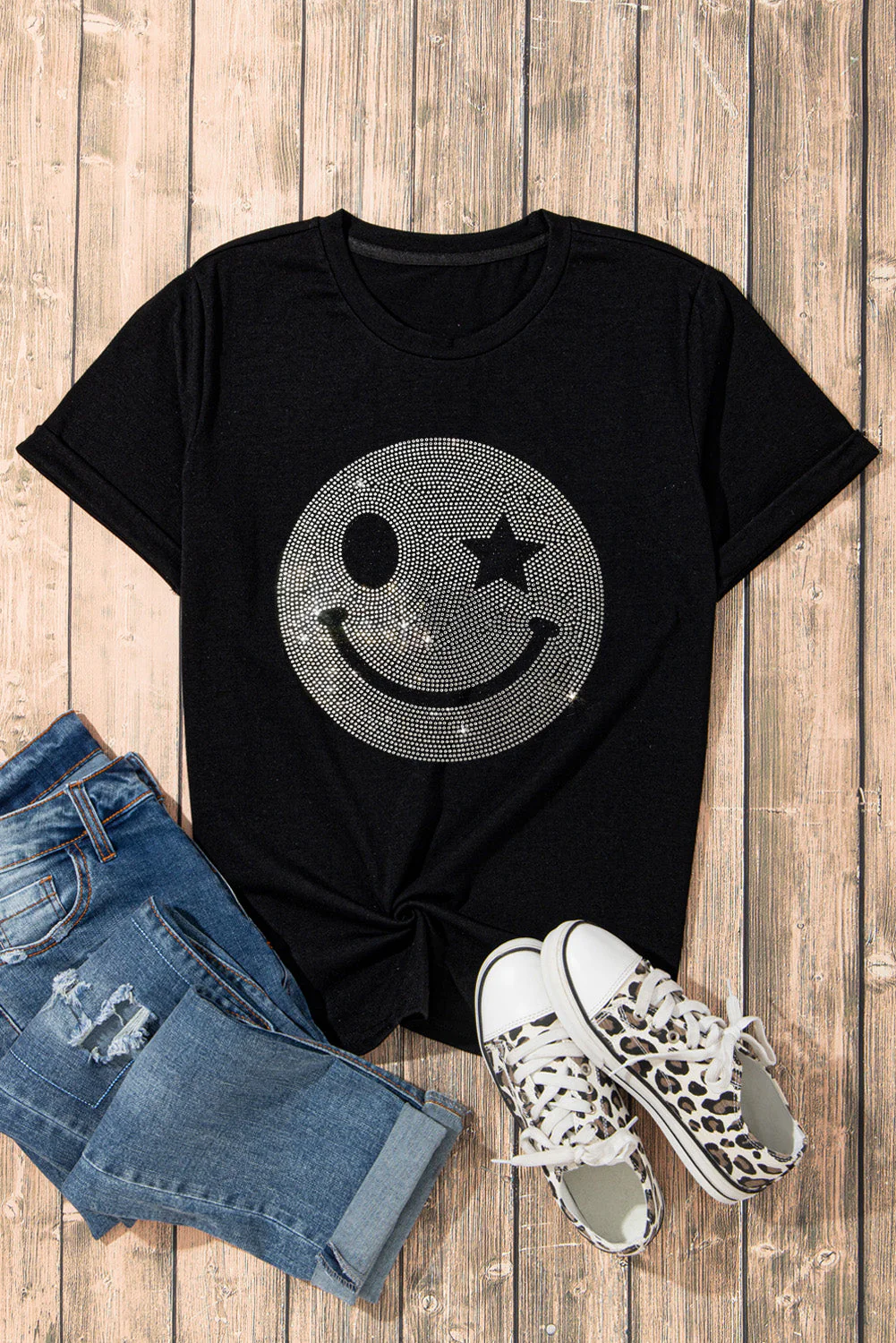 Rhinestone Smiley Round Neck Short Sleeve T-Shirt - Image 5