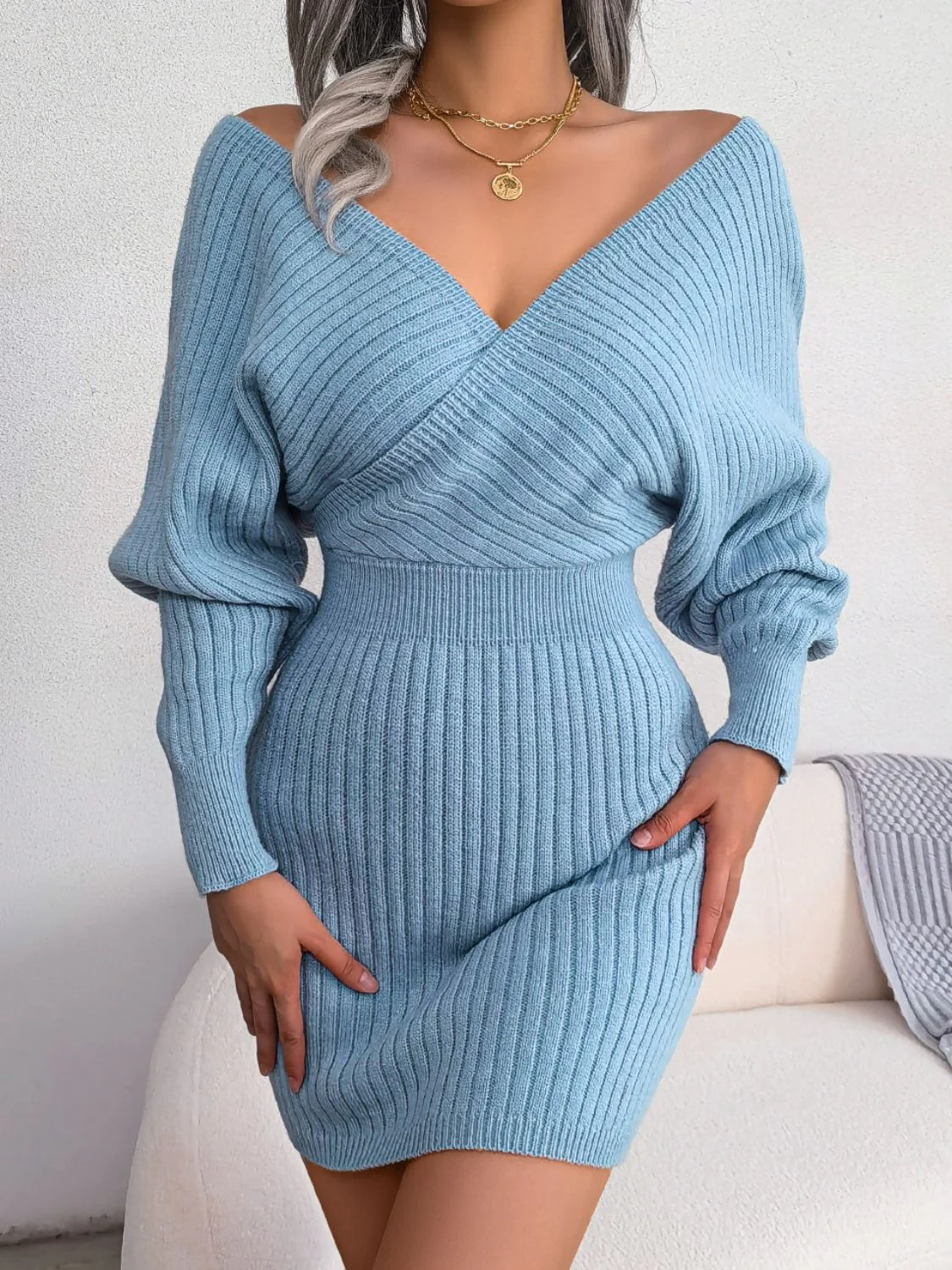 Rib-Knit Dolman Sleeve Sweater Dress - Image 9