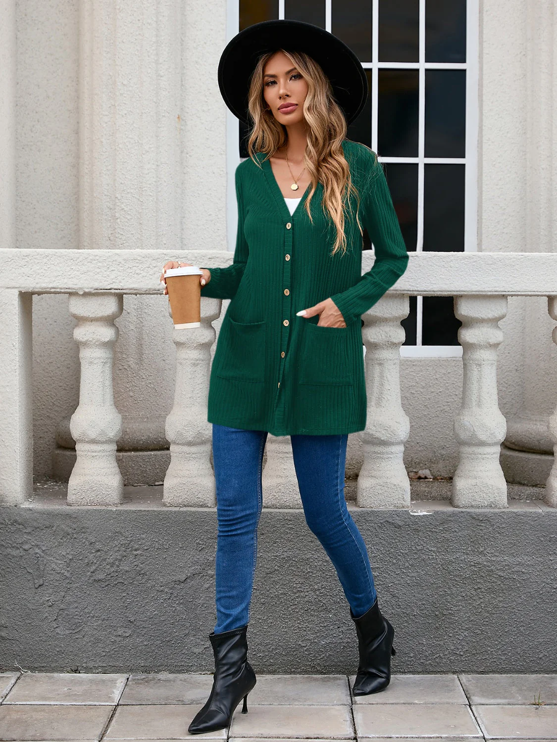 Ribbed Button Down V-Neck Long Sleeve Cardigan - Image 18