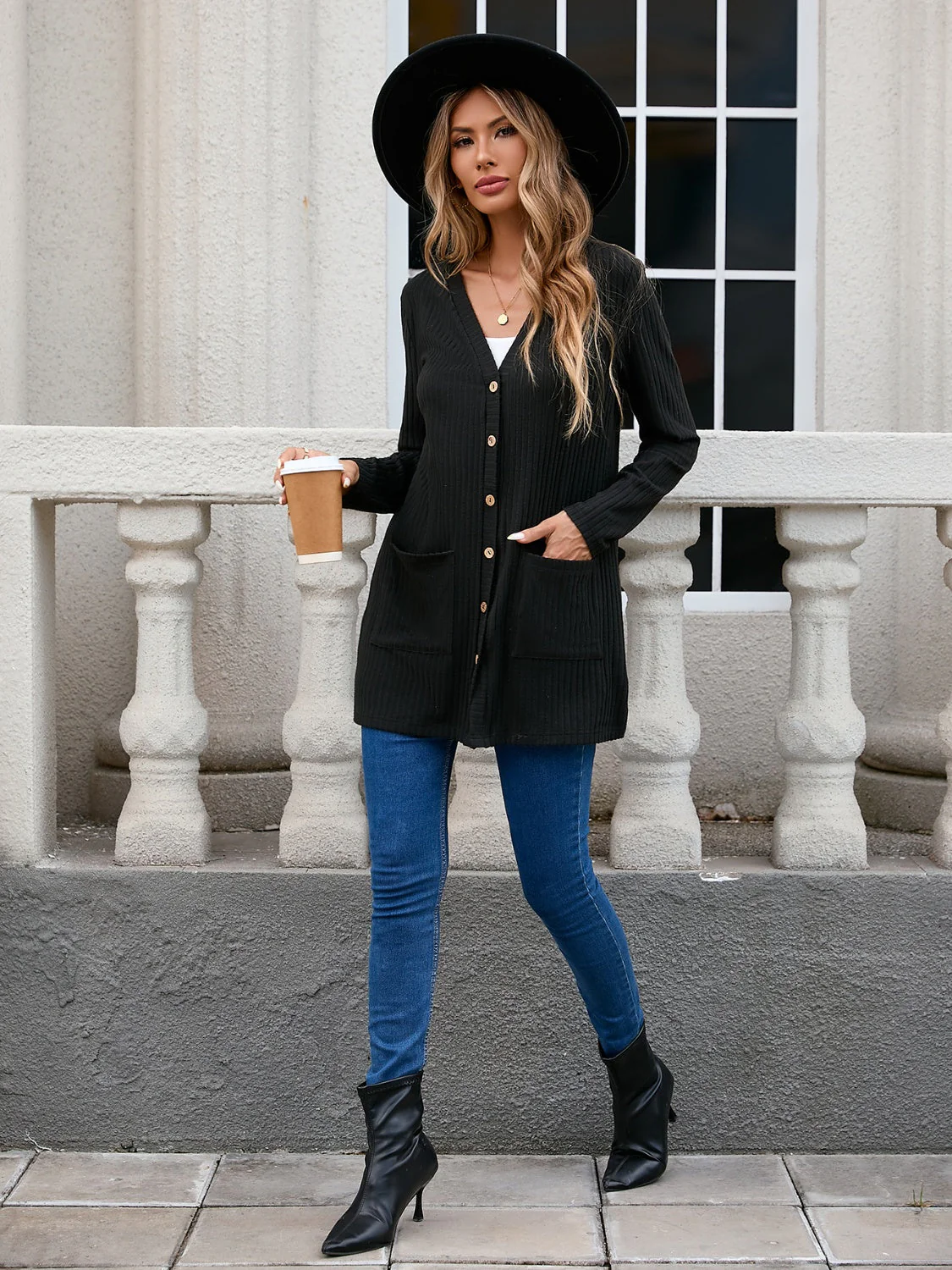 Ribbed Button Down V-Neck Long Sleeve Cardigan - Image 5
