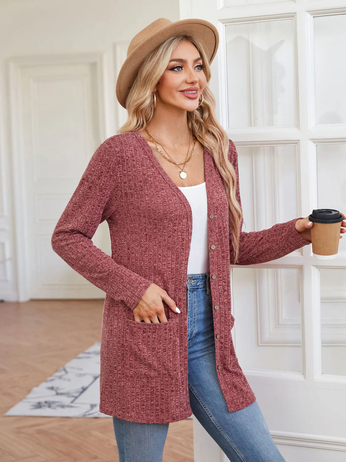 Ribbed Button Up Cardigan with Pockets - Image 3