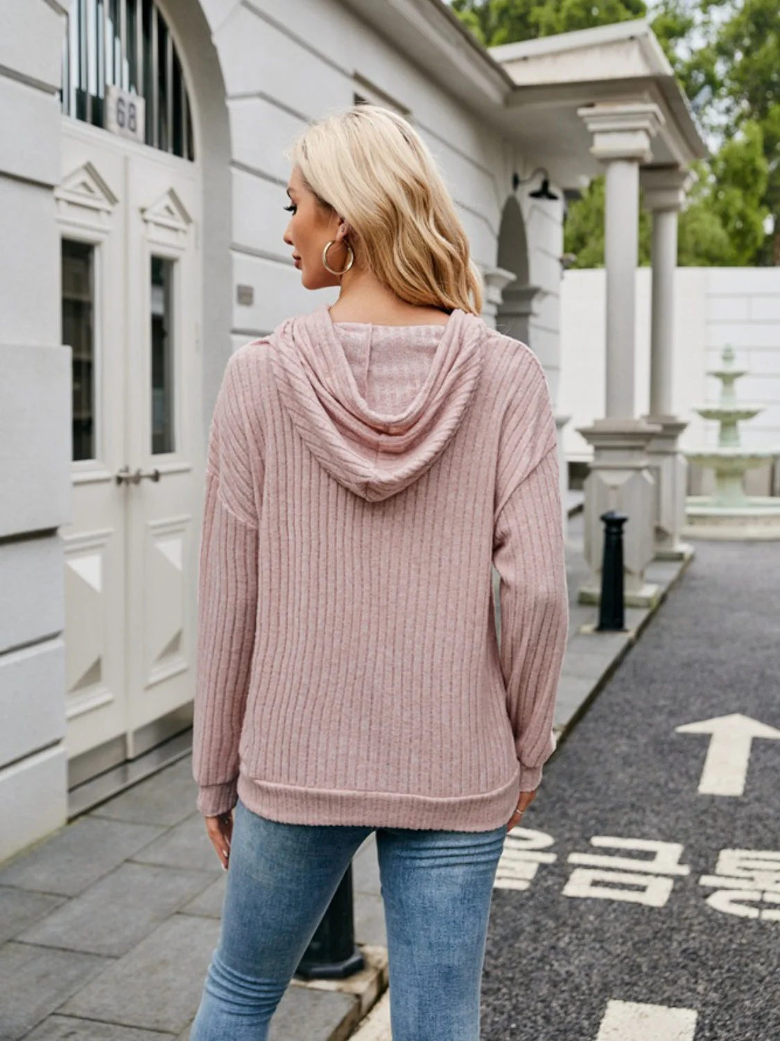 Ribbed Drawstring Long Sleeve Hoodie - Image 11