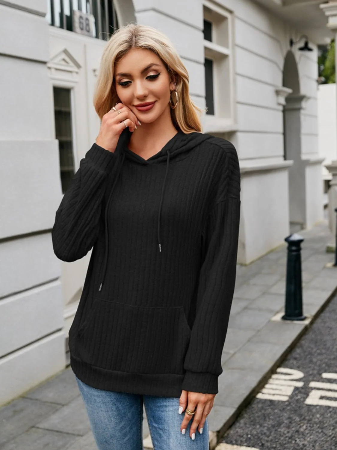 Ribbed Drawstring Long Sleeve Hoodie - Image 13