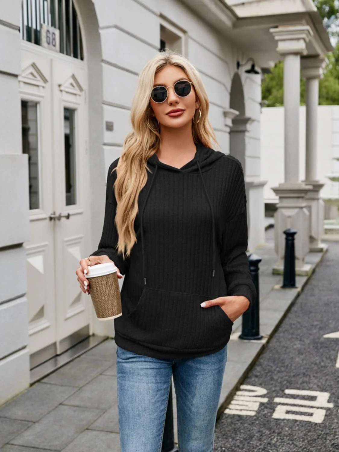 Ribbed Drawstring Long Sleeve Hoodie - Image 14