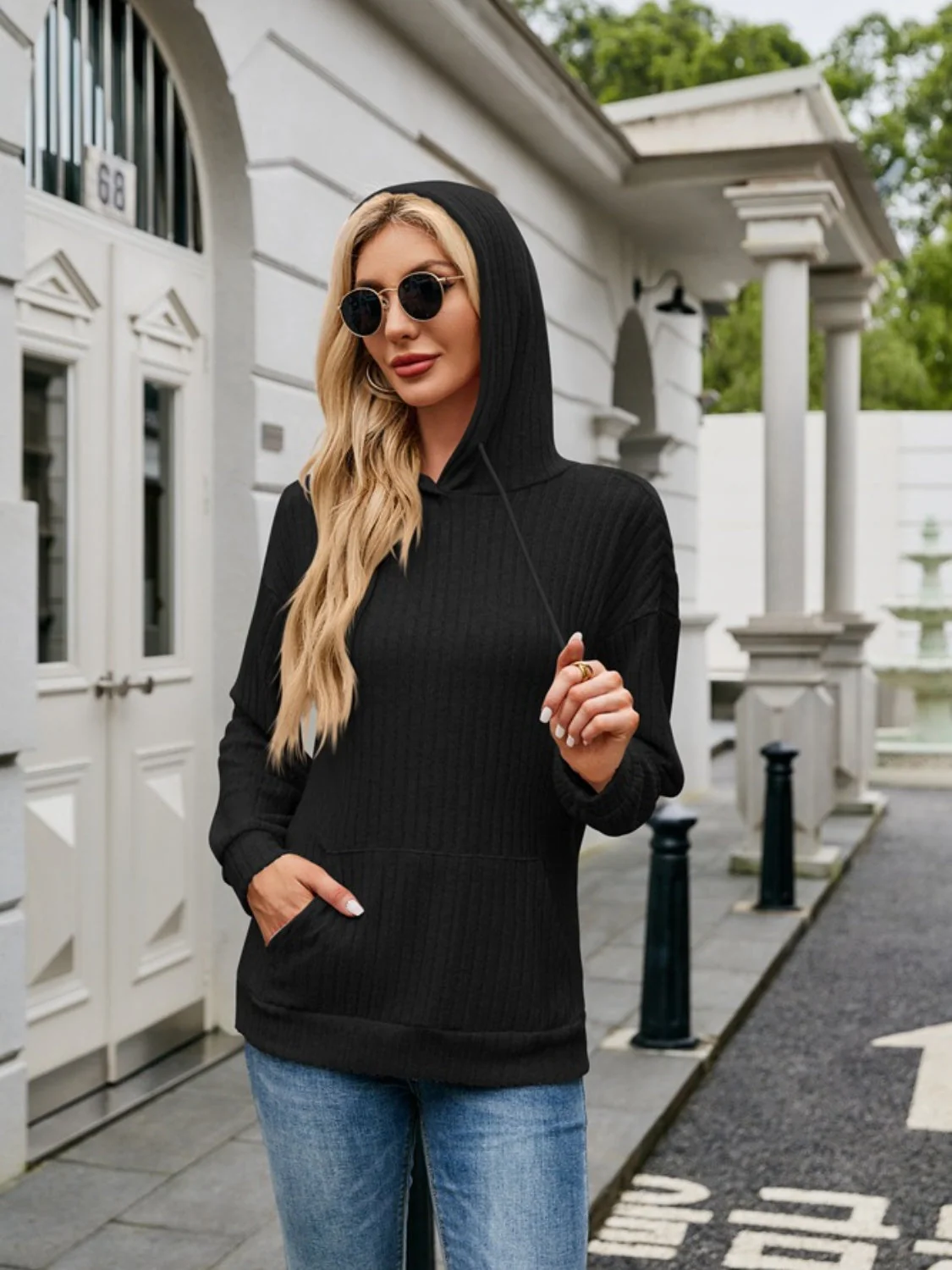 Ribbed Drawstring Long Sleeve Hoodie - Image 15