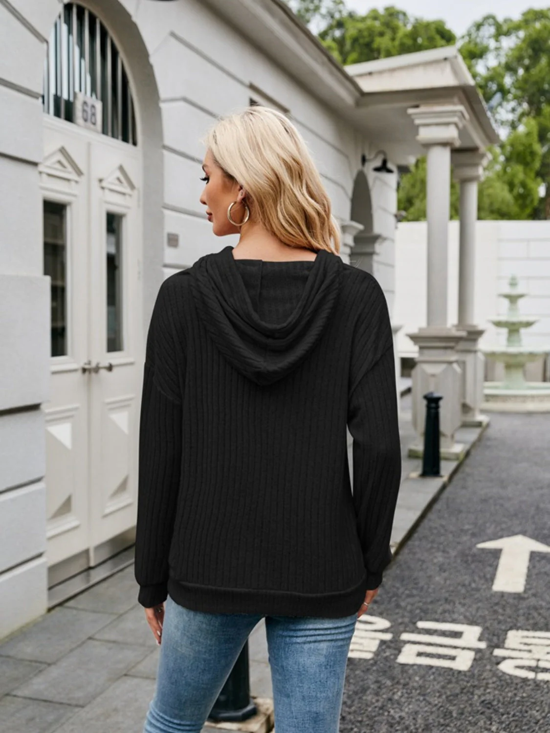 Ribbed Drawstring Long Sleeve Hoodie - Image 16