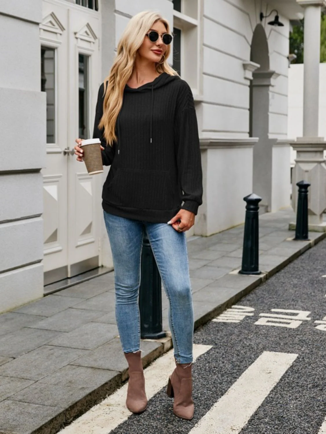 Ribbed Drawstring Long Sleeve Hoodie - Image 17