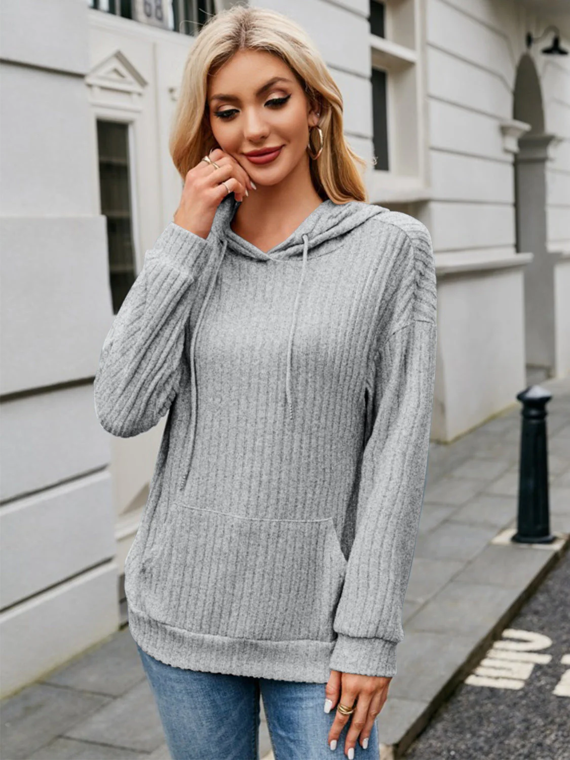 Ribbed Drawstring Long Sleeve Hoodie - Image 18