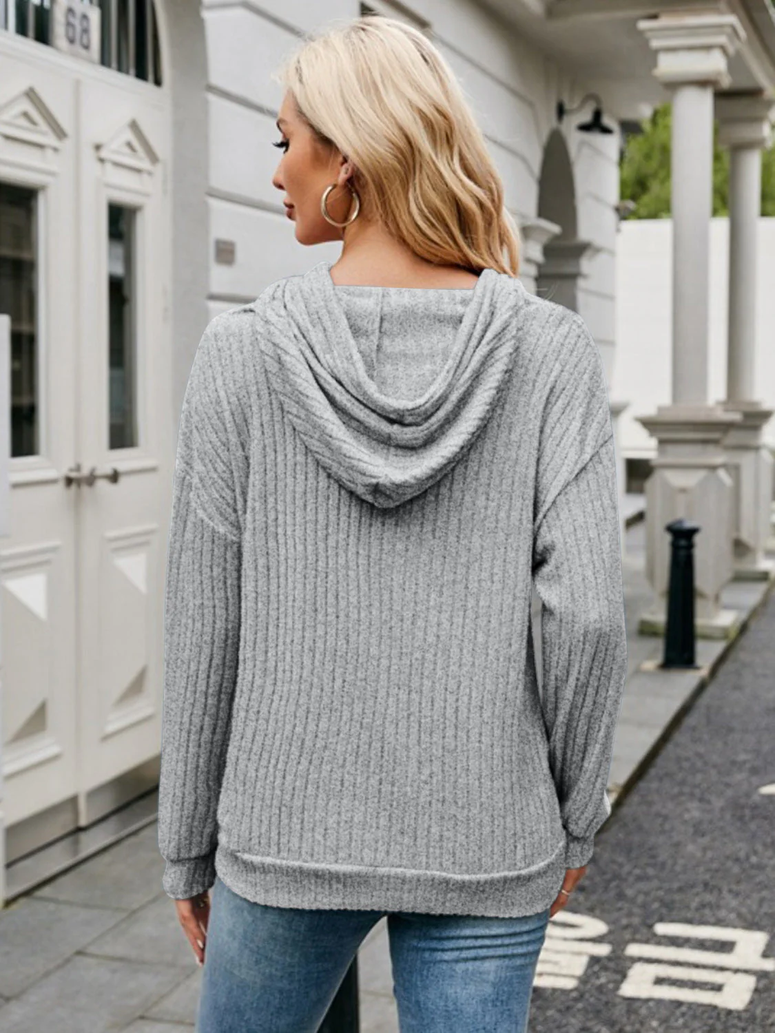 Ribbed Drawstring Long Sleeve Hoodie - Image 19