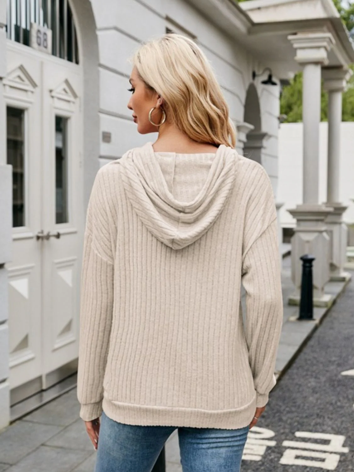 Ribbed Drawstring Long Sleeve Hoodie - Image 2