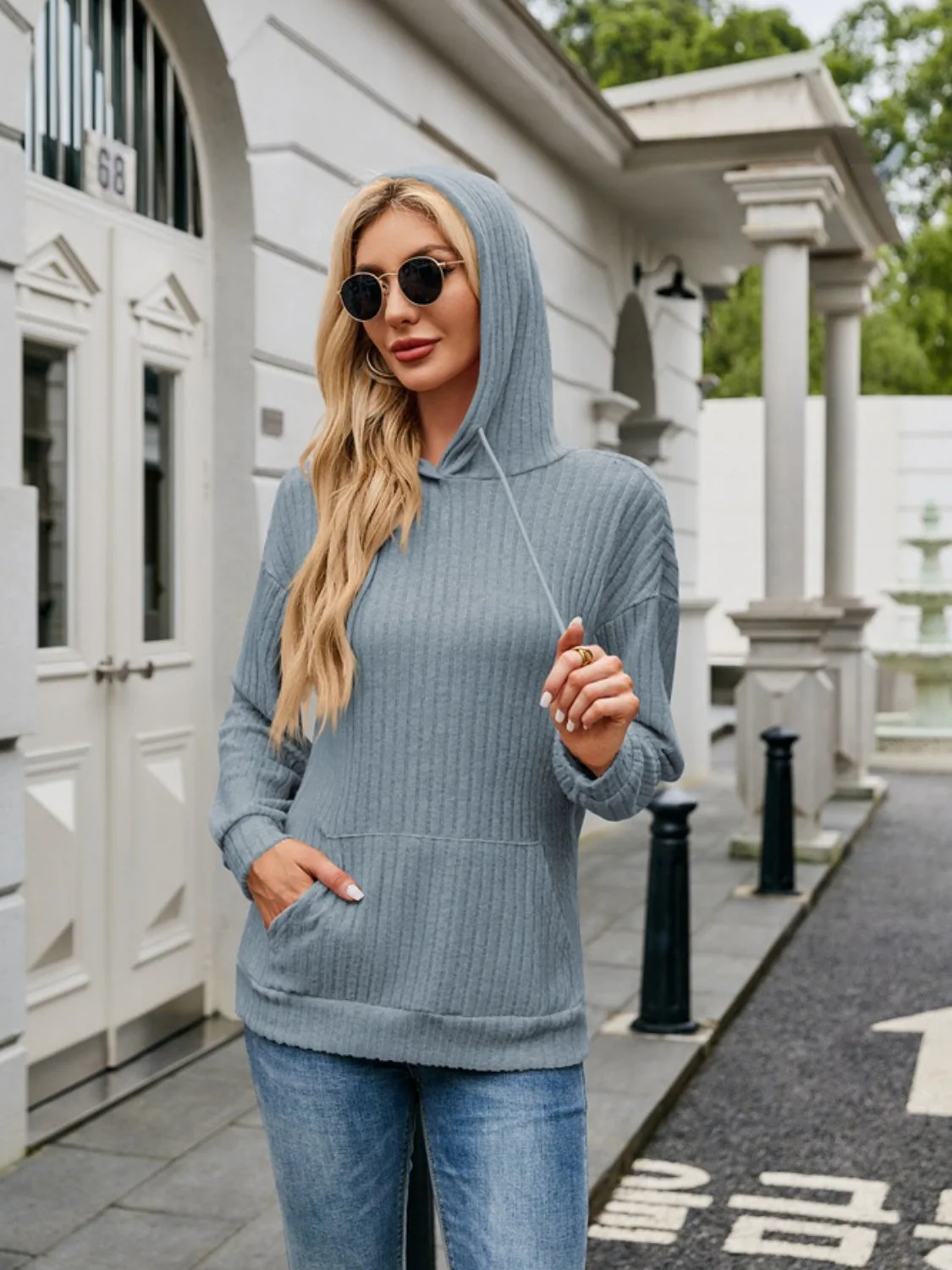 Ribbed Drawstring Long Sleeve Hoodie - Image 21