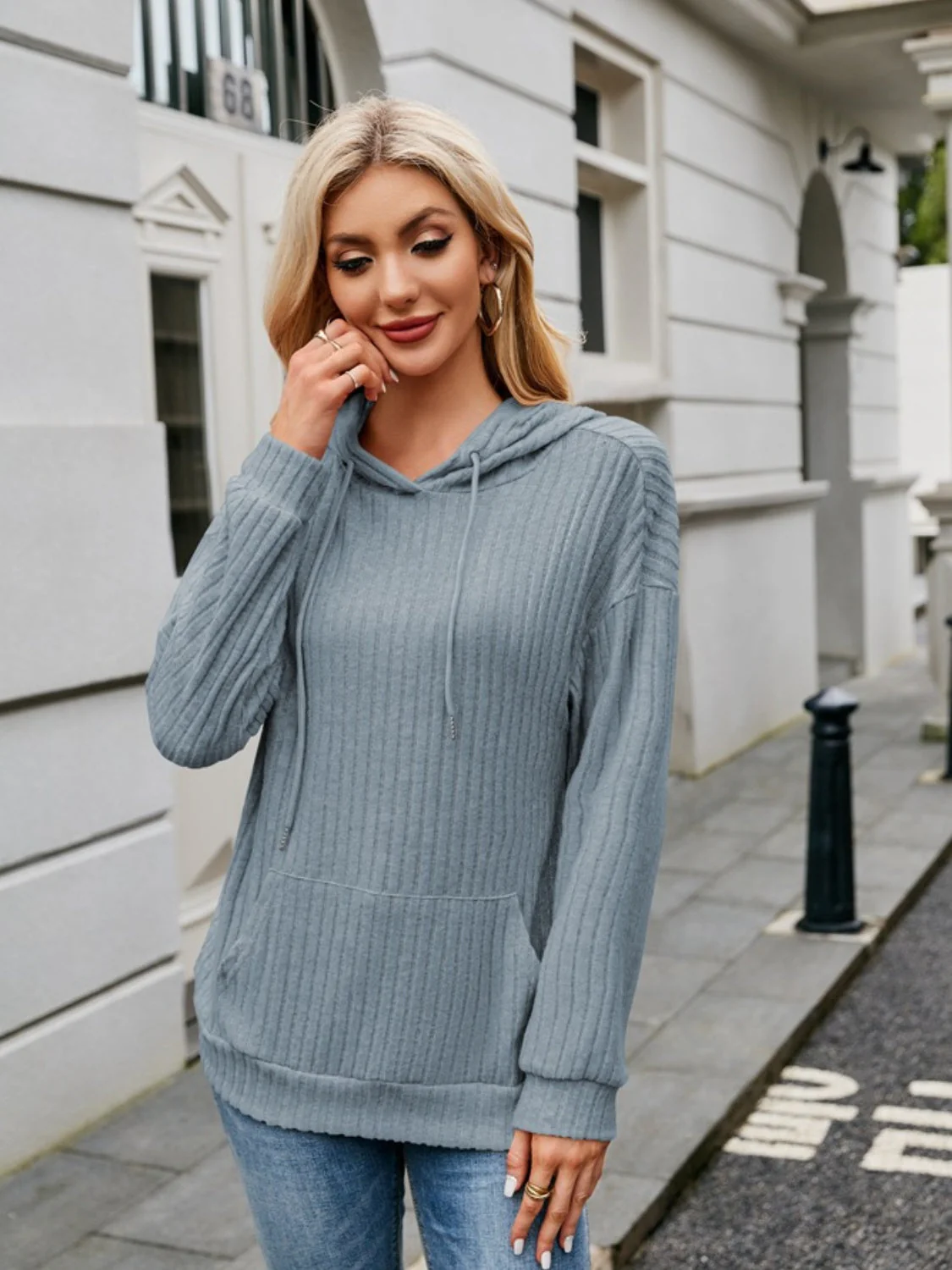 Ribbed Drawstring Long Sleeve Hoodie - Image 23