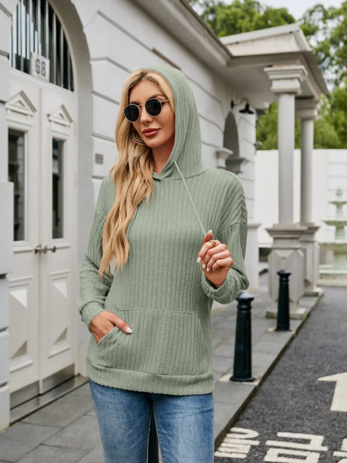 Ribbed Drawstring Long Sleeve Hoodie - Image 26