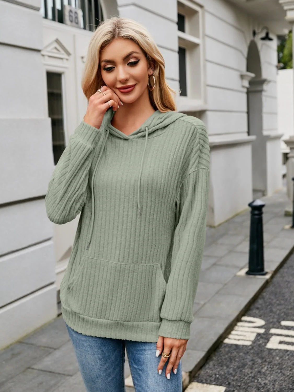 Ribbed Drawstring Long Sleeve Hoodie - Image 28