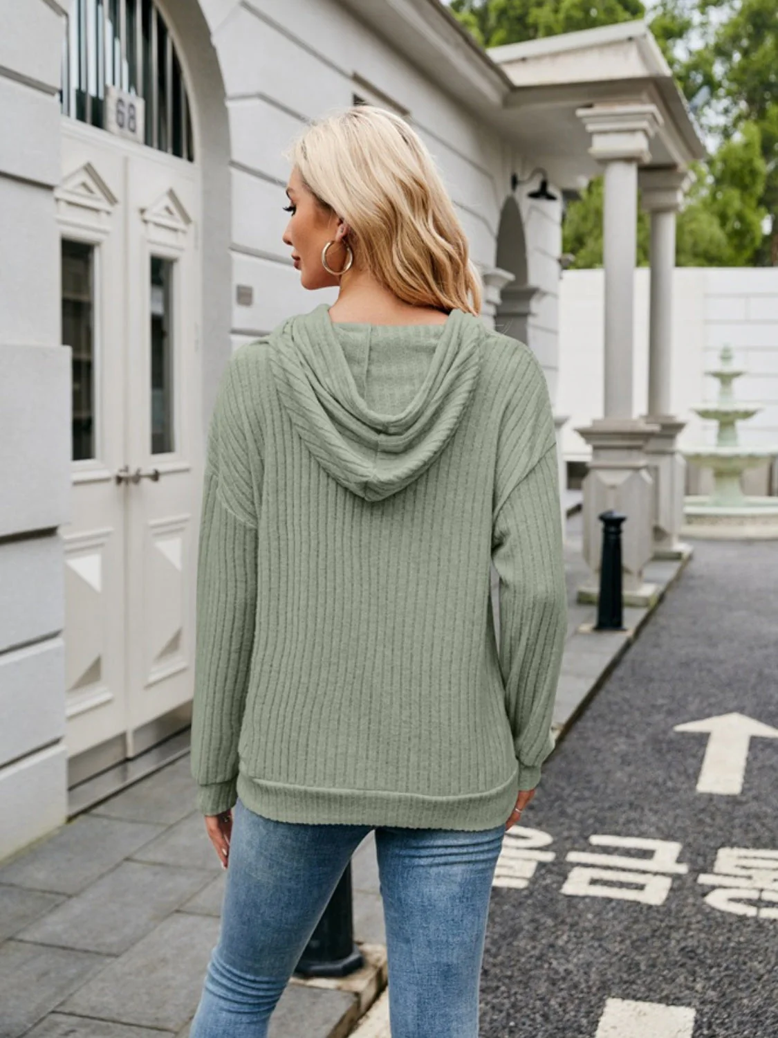 Ribbed Drawstring Long Sleeve Hoodie - Image 29