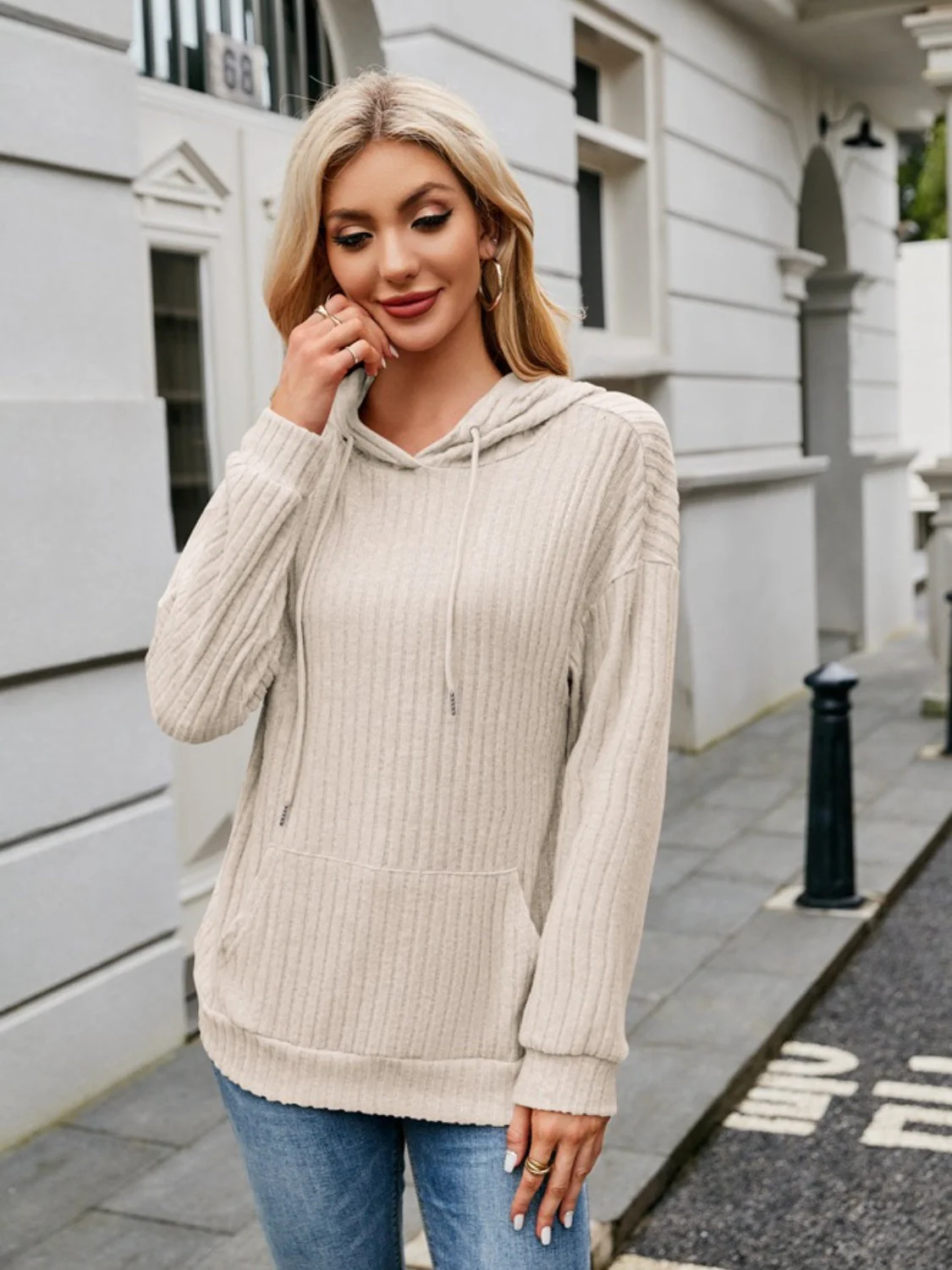 Ribbed Drawstring Long Sleeve Hoodie - Image 4