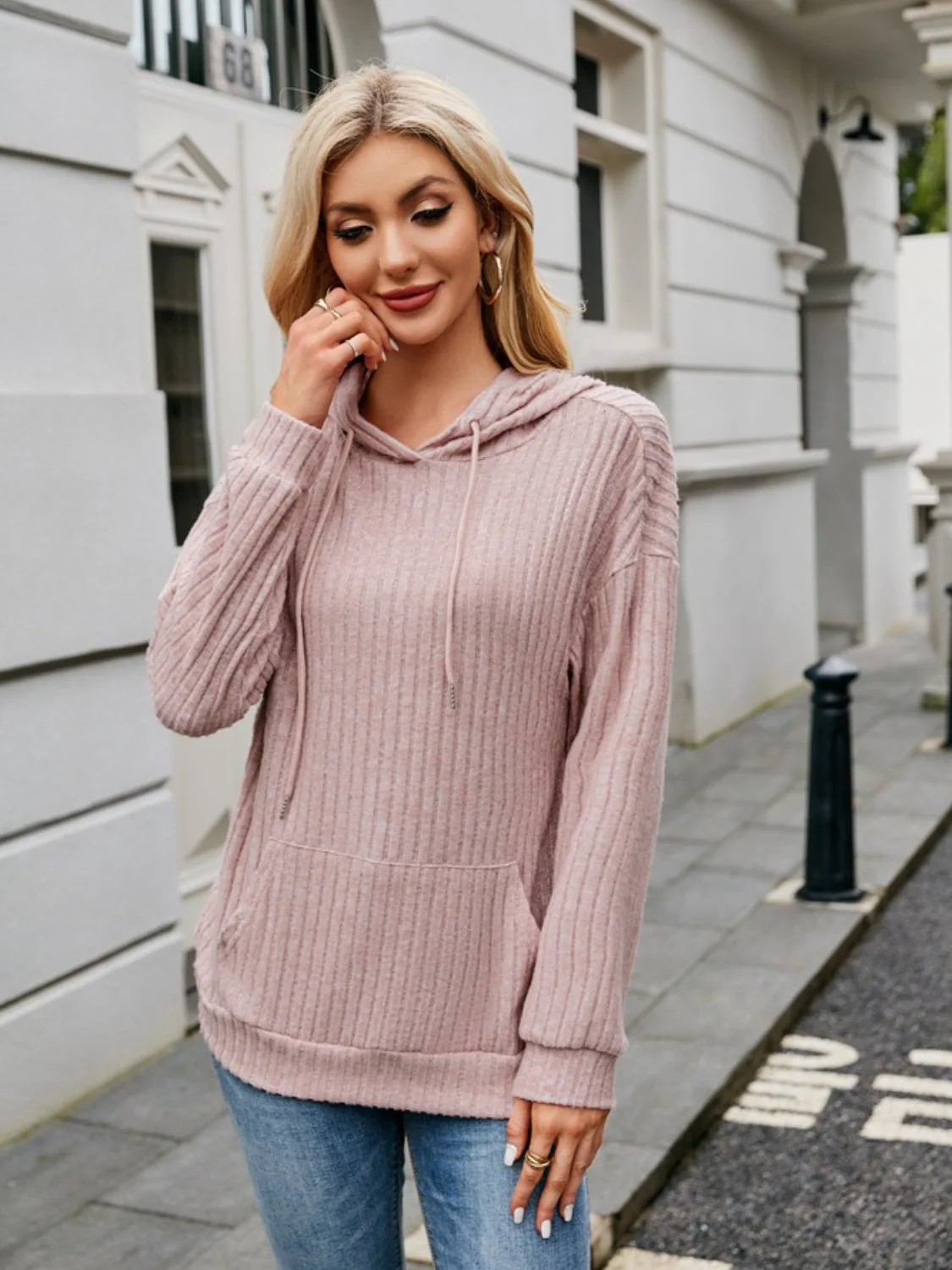 Ribbed Drawstring Long Sleeve Hoodie - Image 6
