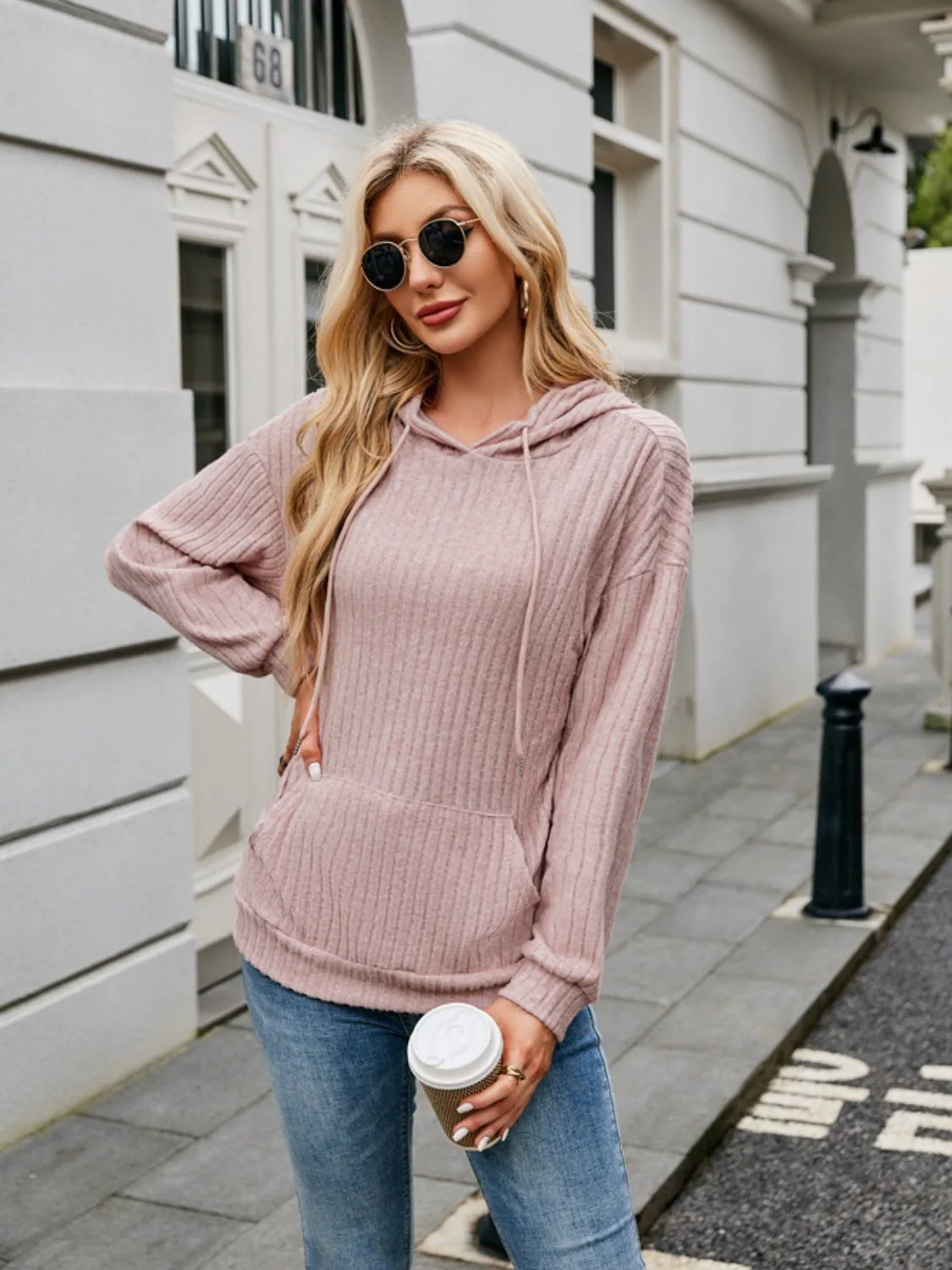 Ribbed Drawstring Long Sleeve Hoodie - Image 8