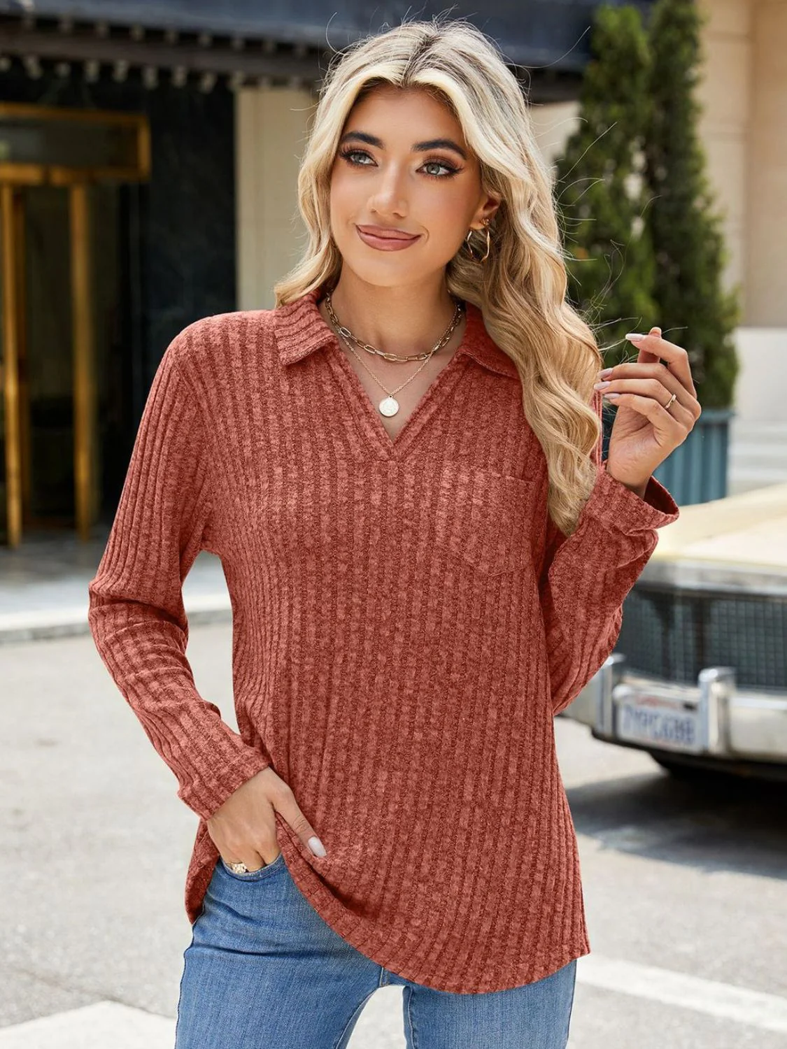 Ribbed Johnny Collar Long Sleeve T-Shirt - Image 12