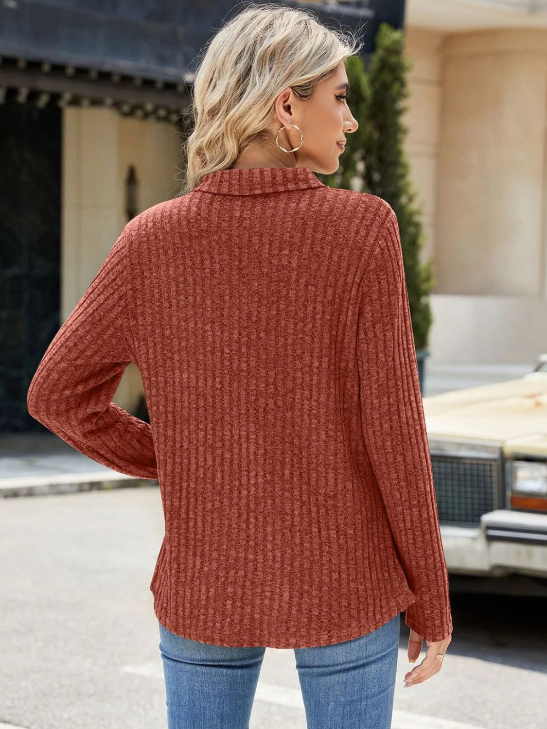 Ribbed Johnny Collar Long Sleeve T-Shirt - Image 14