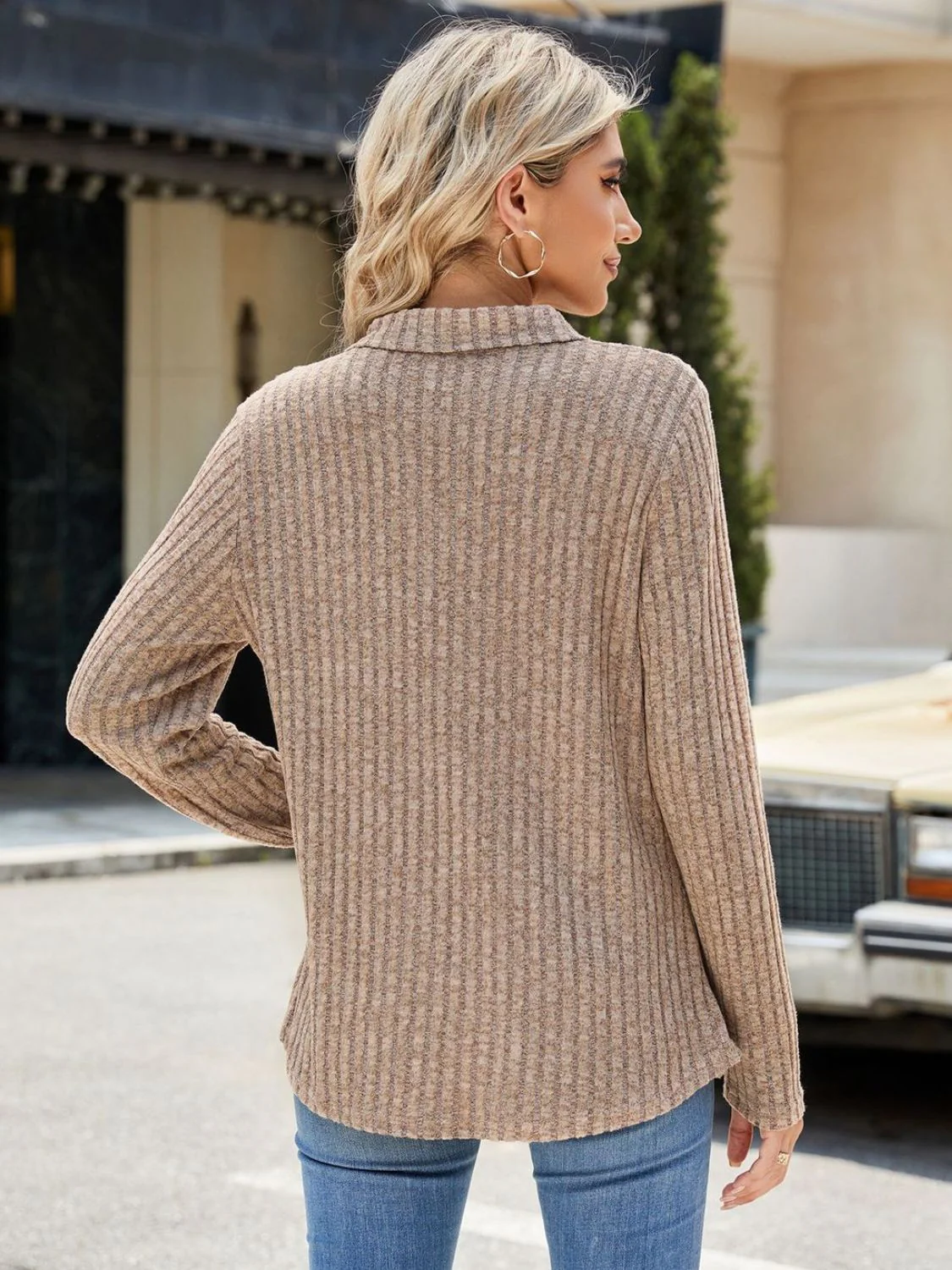 Ribbed Johnny Collar Long Sleeve T-Shirt - Image 9