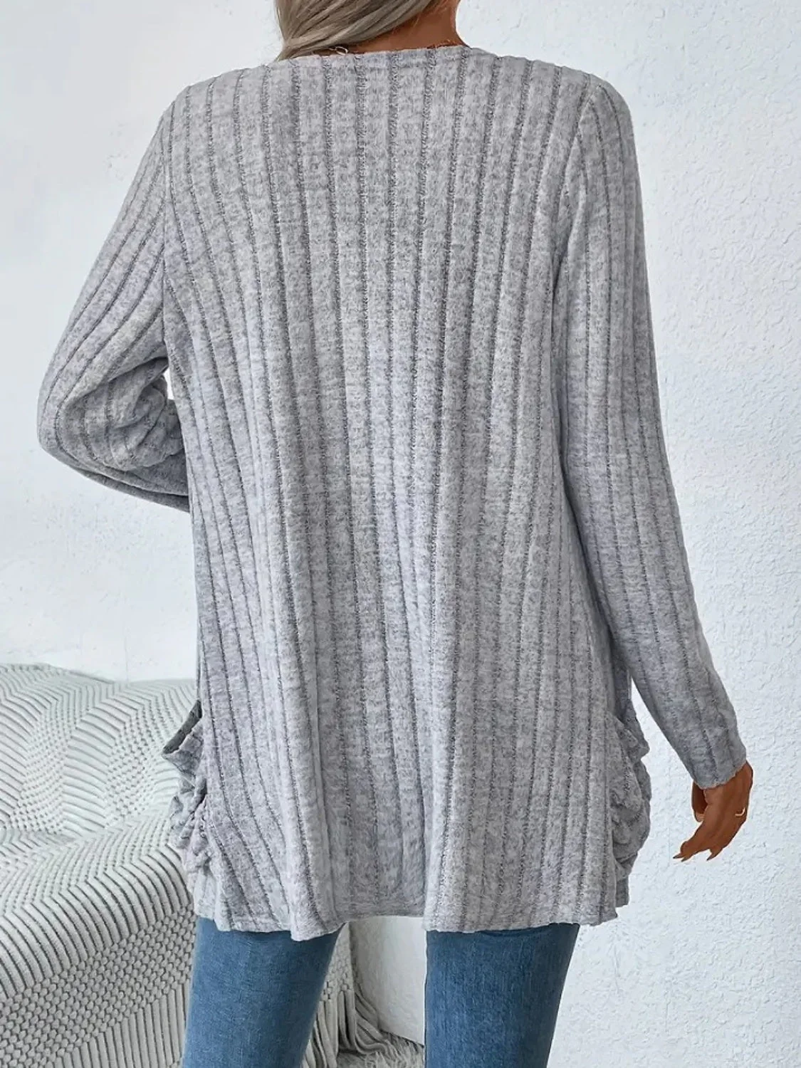 Ribbed Open Front Long Sleeve Cardigan with Pockets - Image 2