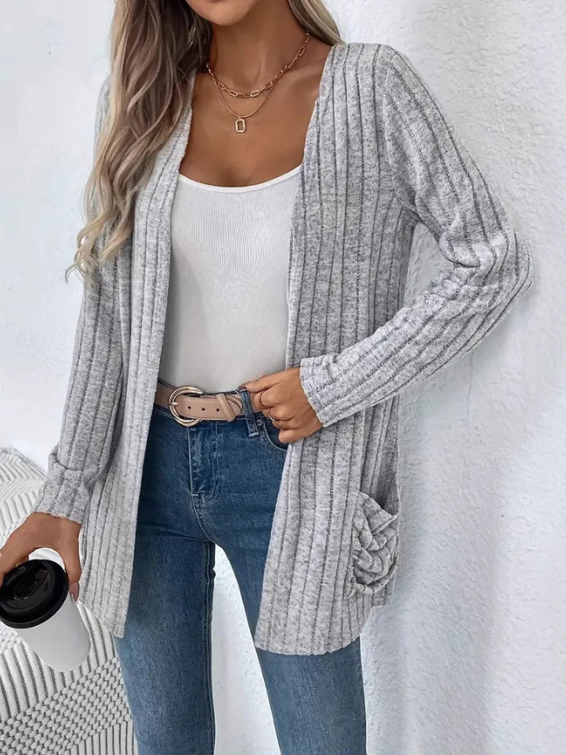 Ribbed Open Front Long Sleeve Cardigan with Pockets - Image 3