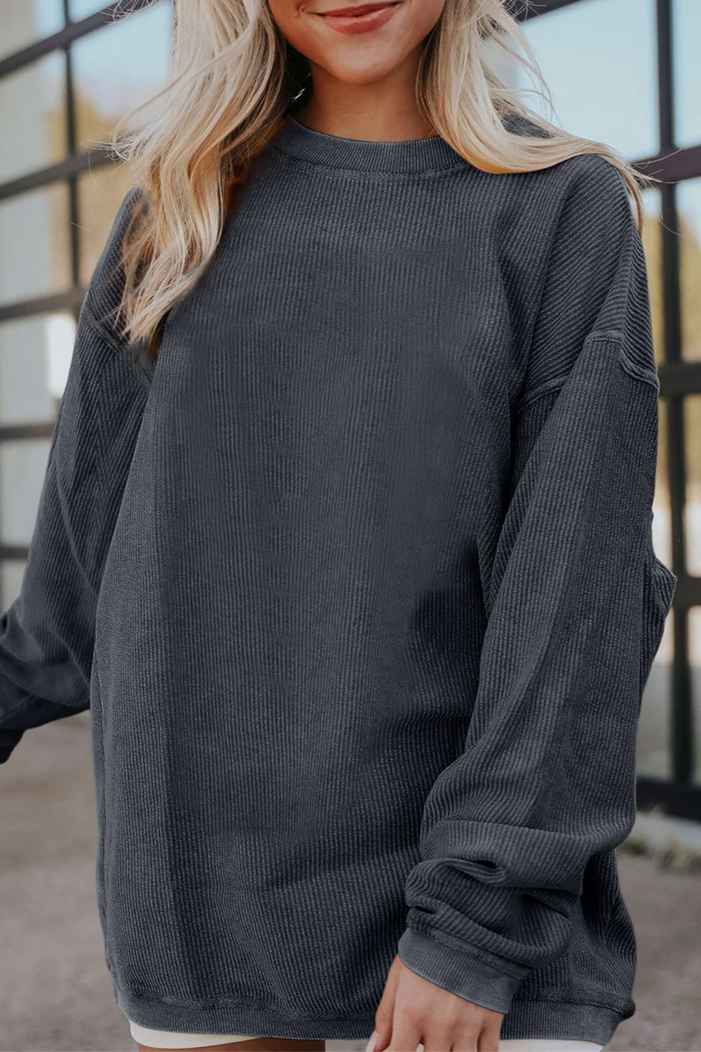 Ribbed Round Neck Drop Shoulder Sweatshirt - Image 19
