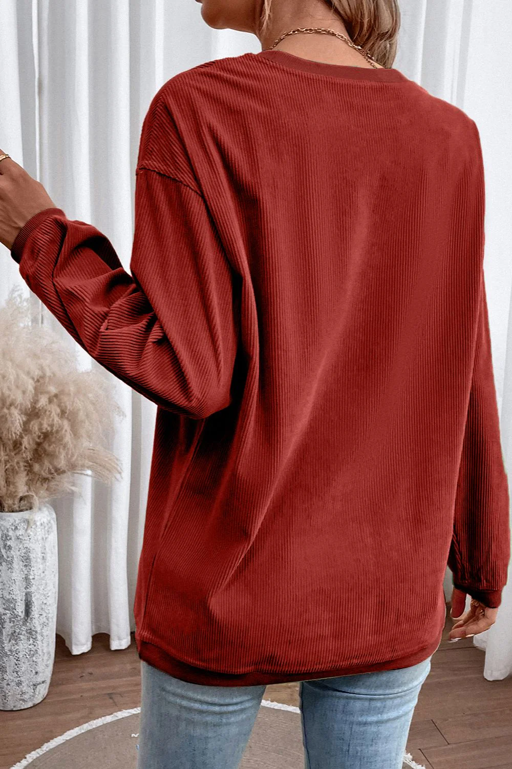 Ribbed Round Neck Drop Shoulder Sweatshirt - Image 2