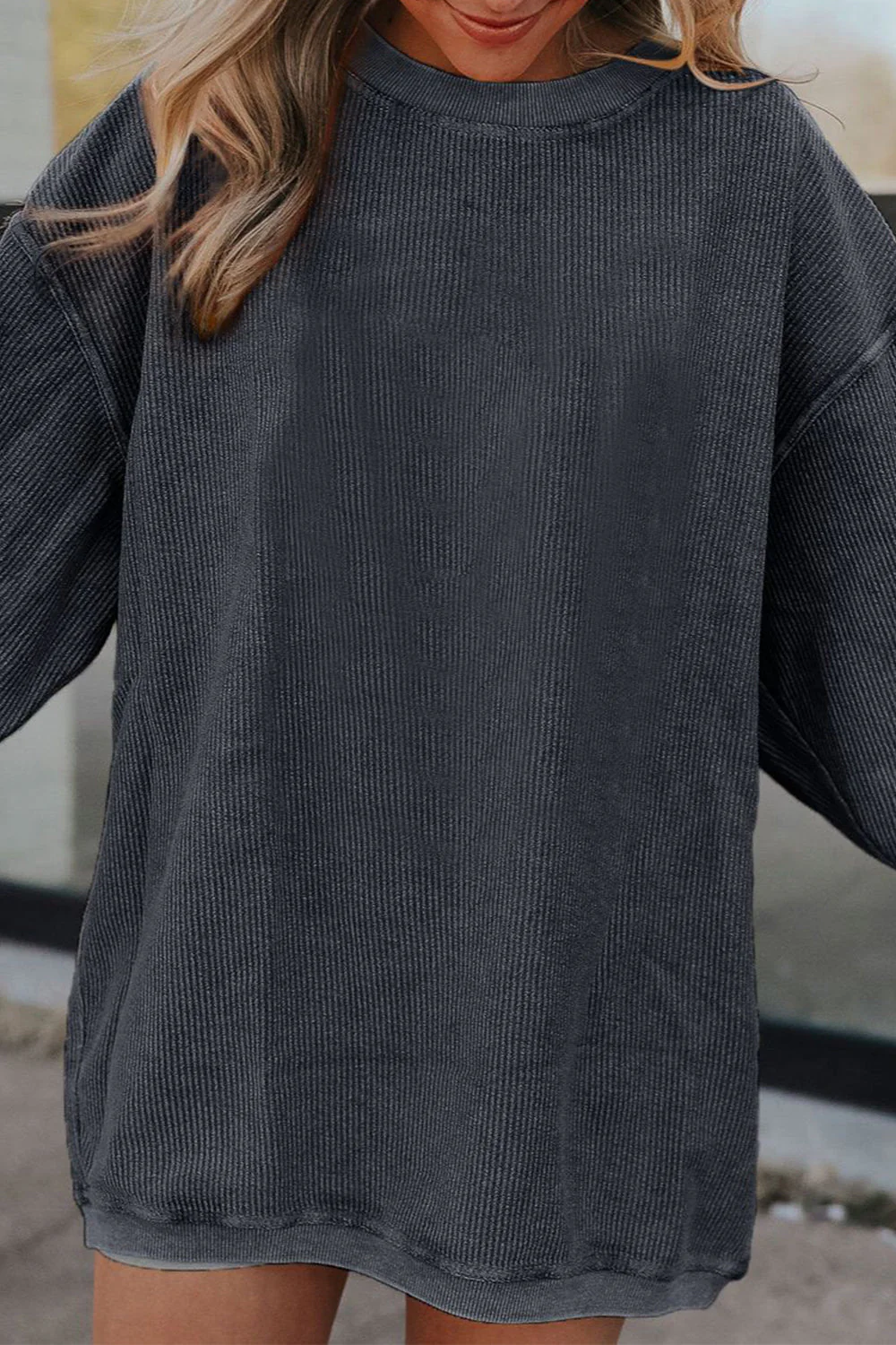Ribbed Round Neck Drop Shoulder Sweatshirt - Image 20