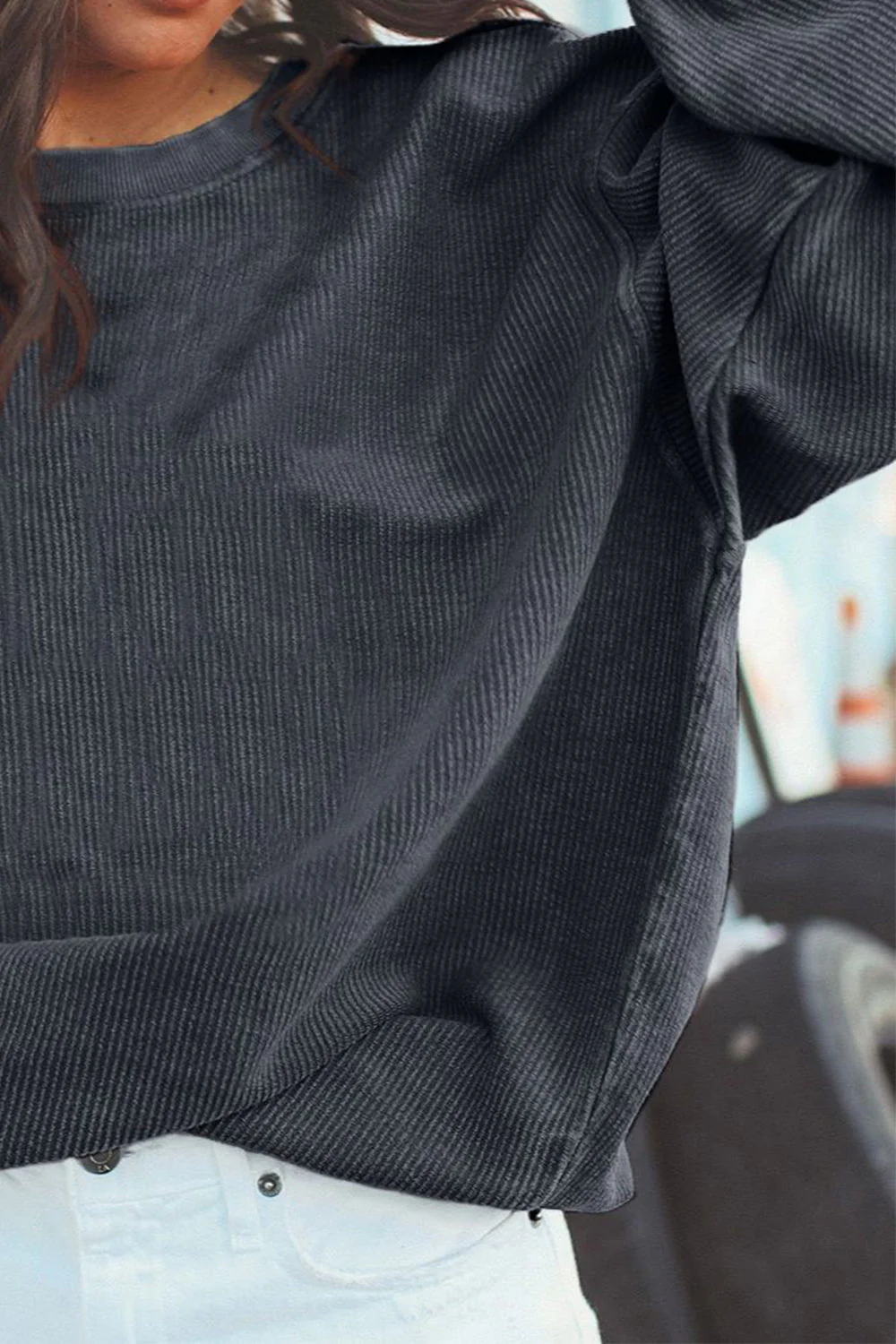 Ribbed Round Neck Drop Shoulder Sweatshirt - Image 21