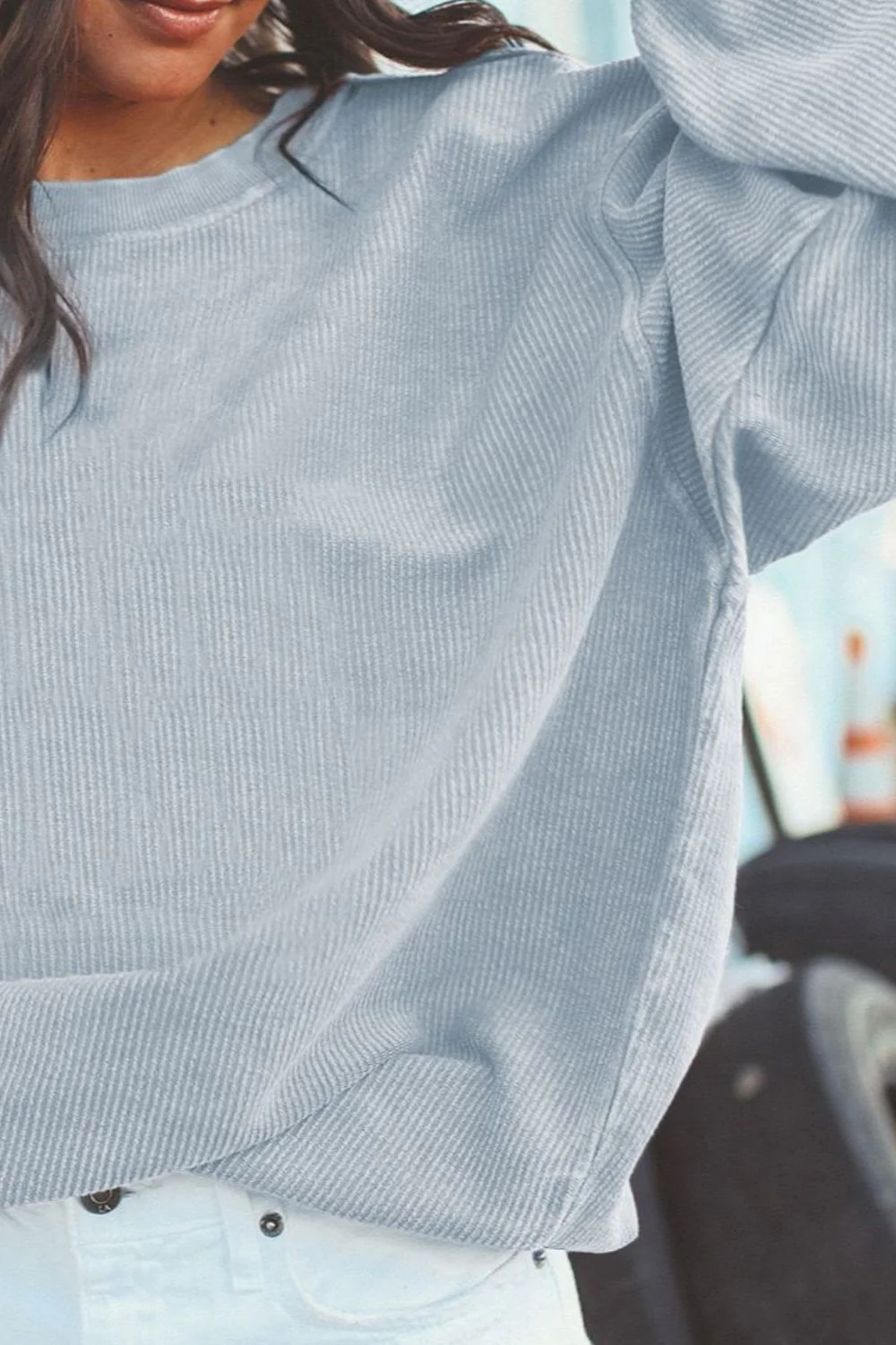 Ribbed Round Neck Drop Shoulder Sweatshirt - Image 6