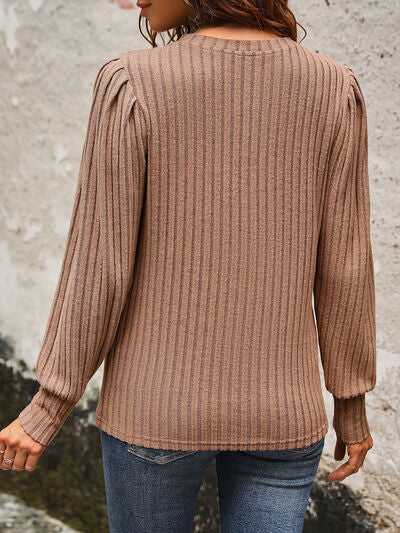 Ribbed Round Neck Long Sleeve T-Shirt - Image 2