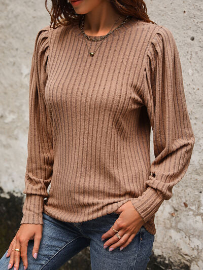 Ribbed Round Neck Long Sleeve T-Shirt - Image 4