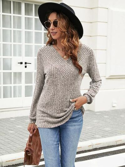 Ribbed Surplice Long Sleeve T-Shirt - Image 10