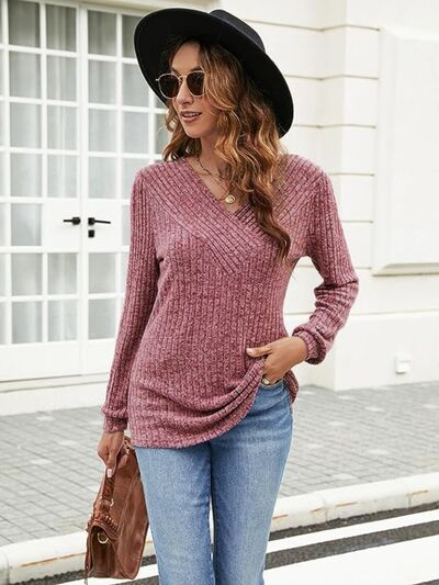Ribbed Surplice Long Sleeve T-Shirt - Image 4